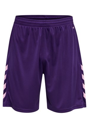 Purple athletic shorts made of smooth fabric, featuring pink chevron stripes on the sides and an elastic waistband for a secure fit.