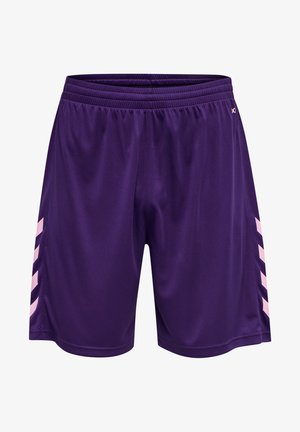 Shorts de sport violets en tissu lisse, avec des rayures en chevron rose sur les côtés et une taille élastique pour un maintien sûr.