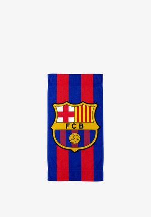 Niebiesko-czerwony ręcznik w paski z dużym herbem klubu piłkarskiego FC Barcelona na środku.