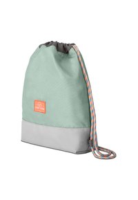 Taška na šňůrku v mátově zelené a šedé barvě, vyrobená z látky. Má zaoblený vrch, texturovaný povrch a vícebarevnou splétanou šňůru.