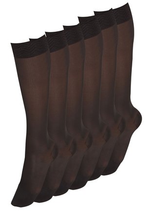 Calze marroni al ginocchio in un pacco da sei, con un bordo nero testurizzato in cima, texture liscia e finitura opaca.