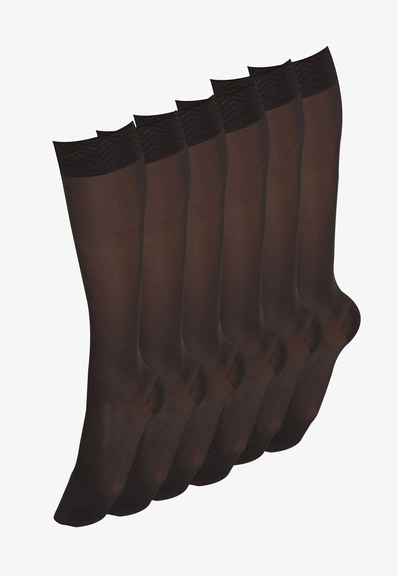 Calcetines marrones hasta la rodilla en un paquete de seis, con una banda negra texturizada en la parte superior, textura suave y acabado opaco.