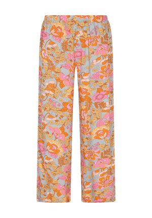 Plačiai iškirptos kelnės, pagamintos iš lengvos medžiagos su pilka baze, puošnios ryškiu gėlių raštu rožinės, oranžinės ir geltonos spalvose. Elastingas juosmuo.