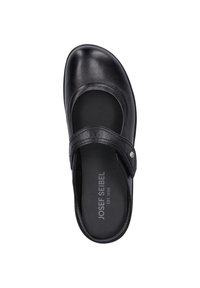 Schwarze Leder-Mary-Jane-Schuhe mit runder Zehenpartie, breitem Riemen mit einer silbernen Knopf und gepolstertem Fußbett für Komfort. Texturierte Oberflächenstruktur.