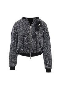 Giubbotto bomber nero ricoperto di paillettes, con chiusura a zip, polsini e orlo a costine, e un accento floreale con perle sul davanti.