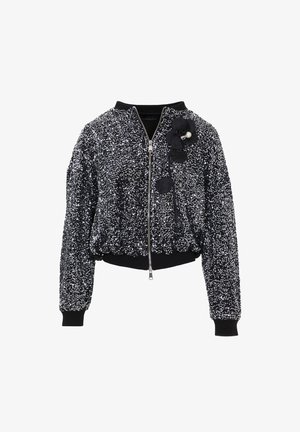 Giubbotto bomber nero ricoperto di paillettes, con chiusura a zip, polsini e orlo a costine, e un accento floreale con perle sul davanti.