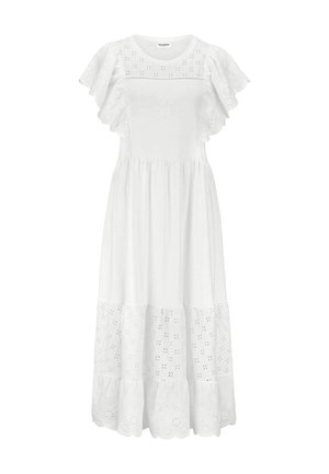 Weißes Midikleid mit Spitzeinsätzen aus Lochspitze an den Flügelärmeln, am Passe und Saum, mit rundem Ausschnitt und geraffter Taille.