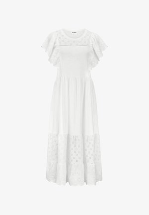 Weißes Midikleid mit Spitzeinsätzen aus Lochspitze an den Flügelärmeln, am Passe und Saum, mit rundem Ausschnitt und geraffter Taille.