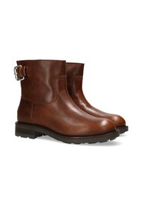 Brown leather ankle boots with a rounded toe, side buckle detail, and textured rubber sole. Sleek design suitable for casual wear.