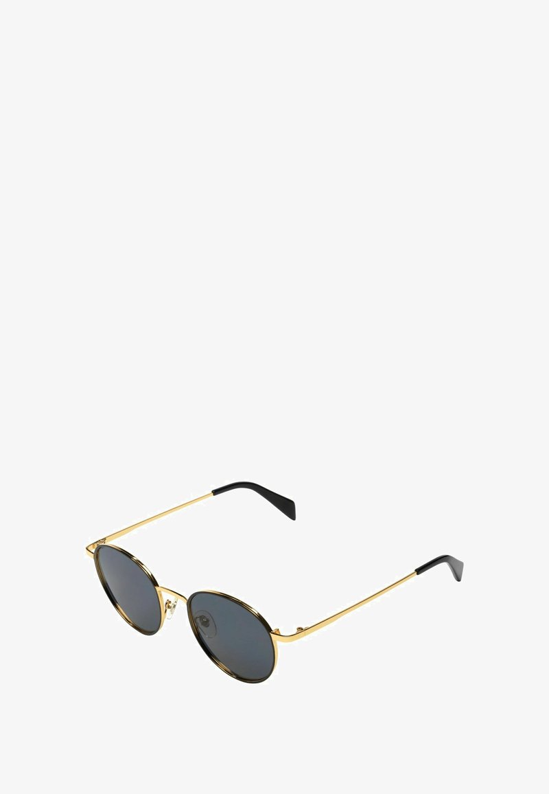 Lunettes de soleil rondes avec des verres teintés, monture en métal doré et embouts texturés noirs sur les branches. Design léger avec un style minimaliste.