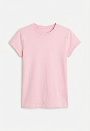 T-shirt rose clair à manches courtes et col rond, posé à plat sur un fond blanc, montrant le côté avant avec un design simple.