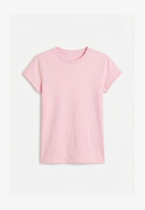 T-shirt rose clair à manches courtes et col rond, posé à plat sur un fond blanc, montrant le côté avant avec un design simple.