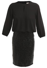 Musta mekko, jossa on pitkät läpikuultavat hihat ja paljeteilla peitetty kynähame, jossa on pieni avaus edessä kaula-aukon yksityiskohtana.