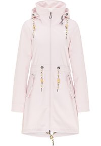 Veste à capuche rose clair en tissu doux, avec des cordons de serrage aux accents jaunes, deux poches latérales et une fermeture éclair à l'avant.