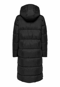 Svart puffjakke med hette, har et quiltet design, lange ermer og kne-lengde snitt. Glatt tekstur og lett materiale.
