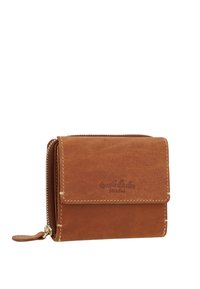 Brown leather wallet with a textured finish, featuring a front flap and zip-around closure. Includes branding on the front and a decorative zipper pull.