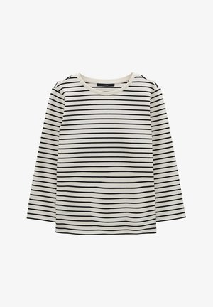 Chemise à manches longues crème avec des rayures horizontales noires, dotée d'un col rond et d'un tissu en coton doux. Design décontracté, sans embellissements.