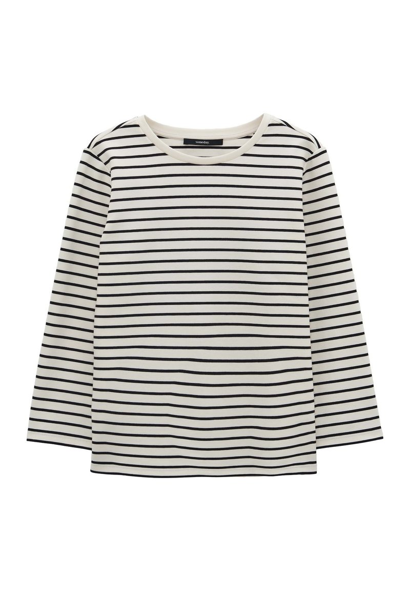Langarmshirt in Creme mit schwarzen horizontalen Streifen, mit rundem Halsausschnitt und weichem Baumwollstoff. Lässiges Design, ohne Verzierungen.