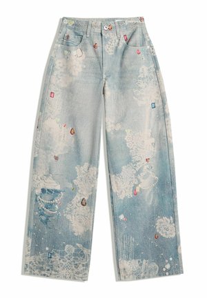 Light blue jeans with a relaxed fit, featuring a distressed design and abstract patterns, embellished with colorful gem-like accents.