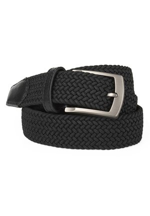 Cinturón tejido negro de textil, con hebilla de metal plateado mate y un sujetador de cuero negro. El diseño resalta un aspecto flexible y texturizado.