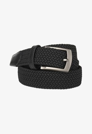 Cinturón tejido negro de textil, con hebilla de metal plateado mate y un sujetador de cuero negro. El diseño resalta un aspecto flexible y texturizado.