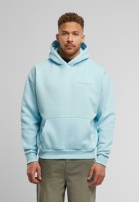 Lichtblauwe hoodie met een kangoeroezak, ribgebreide manchetten en zoom. Beschikt over een subtiel geborduurd logo op de borst. Zachte katoen stof.
