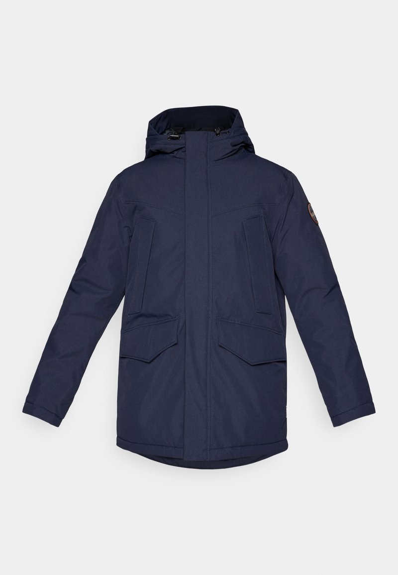 Veste isolante bleu marine avec capuche, dotée de deux grandes poches avant, d'une fermeture éclair et d'un tissu lisse et texturé.