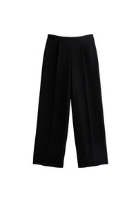 Schwarze weit geschnittene Hose aus einem glatten Stoff, mit flachem Bund, Falten und einem knöchellangen Schnitt.