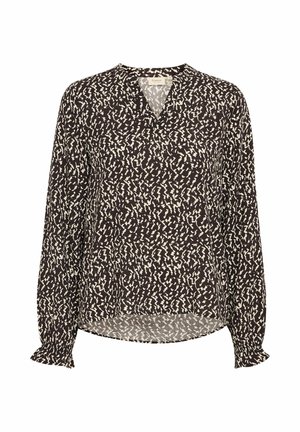 Zwart-wit geblokte blouse met lange mouwen, V-hals en gerimpelde manchetten. Lichte stof met een vloeiende, relaxte pasvorm.
