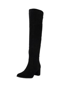 Bota alta de ante negra con punta afilada, tacón cuadrado y textura suave. Costura lateral y detalles de diseño mínimos.