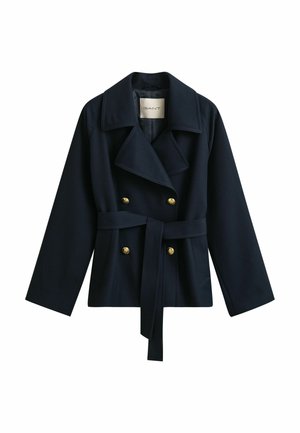 Marineblauwe dubbelgeknoopte jas met gouden knopen, brede kraag, ceintuur in de taille en lange mouwen, met het label GANT binnenin de kraag.