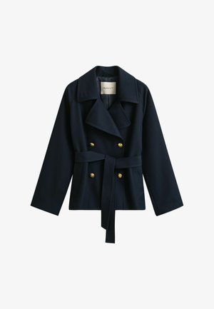 Marineblauwe dubbelgeknoopte jas met gouden knopen, brede kraag, ceintuur in de taille en lange mouwen, met het label GANT binnenin de kraag.