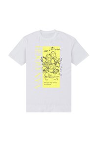 Bílý tričko s žlutým obdélníkem, na kterém je nákres slunečnic, text "VAN GOGH" a citát "Co je dělané z lásky, je dobře udělané."