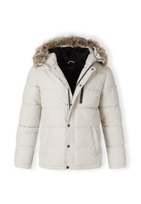 Light beige puffer jacket with a faux fur hood, two front pockets, and black accents. Features a zippered front and quilted texture.