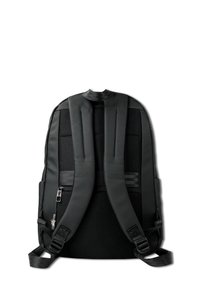 Black backpack with padded shoulder straps, mesh back panel, and a small zippered pocket near the bottom left strap on a white background.
