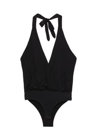Czarny bodysuit na halter z głębokim dekoltem w kształcie V, związywaniem na szyi i dopasowaną dolną częścią.