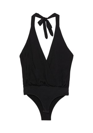 Zwarte halternek bodysuit met diepe V-hals, striksluiting bij de nek en een aansluitend ondergedeelte.