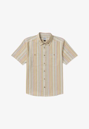 Kurzärmliges Hemd mit Knopfleiste, vertikalen Pastellstreifen und zwei Brusttaschen vor weißem Hintergrund.