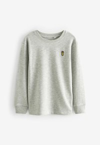 Grauer Langarm-Sweatshirt aus weichem Stoff, mit geripptem Rundhalsausschnitt und einem kleinen gestickten Hummerdesign in Schwarz und Gelb.