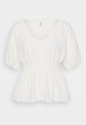 Weiße Bluse mit V-Ausschnitt, kurzen Puffärmeln, geraffter Taille und einem strukturierten Spitzenmuster. Leichter und luftiger Stoff.