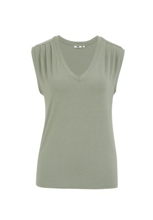 Top senza maniche a scollo a V in tessuto verde chiaro, con dettagli a spalla plissettati e una texture morbida e liscia. Design semplice e aderente.