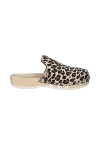 Leopard print clogs with wooden base, rounded toe, and silver-tone studs along the edge. Textured upper, slip-on design, and rubber sole.