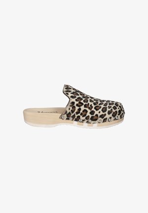 Leopard print clogs with wooden base, rounded toe, and silver-tone studs along the edge. Textured upper, slip-on design, and rubber sole.