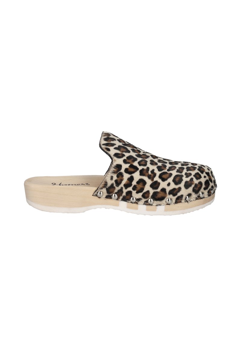 Leopard print clogs with wooden base, rounded toe, and silver-tone studs along the edge. Textured upper, slip-on design, and rubber sole.