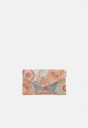 Pochette rectangulaire à motif floral avec broderies en rose pastel, orange, violet et blanc, ornée de grandes fleurs et de feuilles vertes.