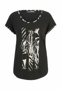 Schwarzes T-Shirt mit kurzen Ärmeln, mit einem weißen abstrakten Design und gestreiftem Kragen. Weicher Stoff mit lässigem Schnitt.