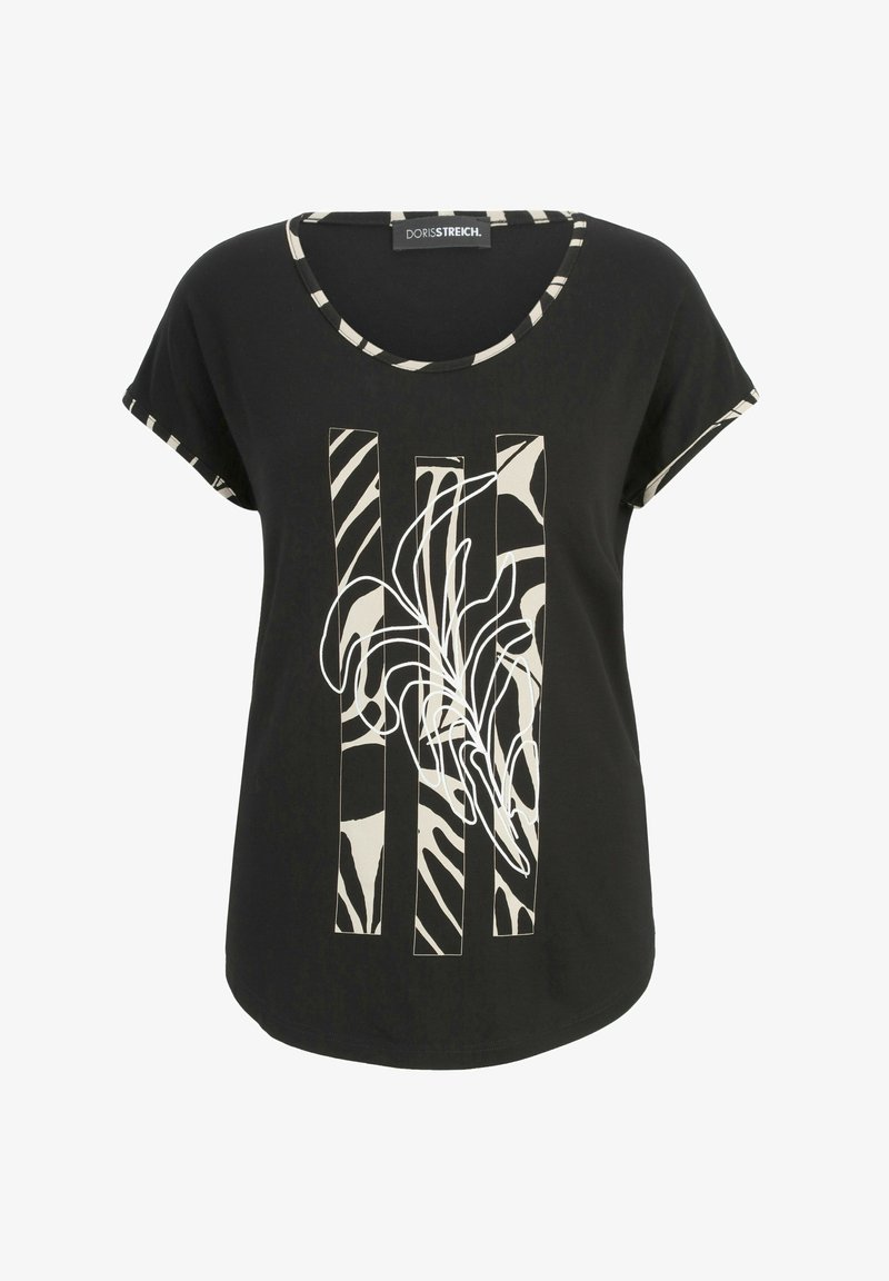 Schwarzes T-Shirt mit kurzen Ärmeln, mit einem weißen abstrakten Design und gestreiftem Kragen. Weicher Stoff mit lässigem Schnitt.