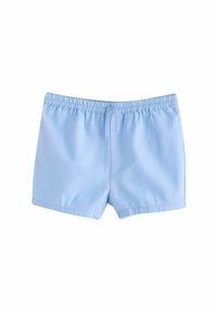 Shorts de bain bleu clair en tissu doux, dotés d'une taille élastique, d'un cordon de serrage et d'ourlets côtelés pour un ajustement confortable.