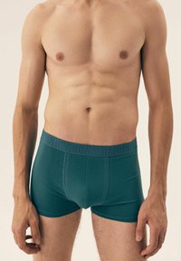 Ciemnozielone bokserki z teksturowanym pasem, na którym widnieje logo "HENDERSON". Tkanina wydaje się gładka i dopasowana. Torso modela jest odkryte.