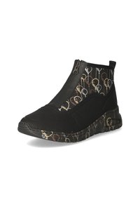 Bottine noire avec une fermeture éclair élastique, une tige texturée et une semelle à motifs présentant des designs abstraits dorés et beiges.